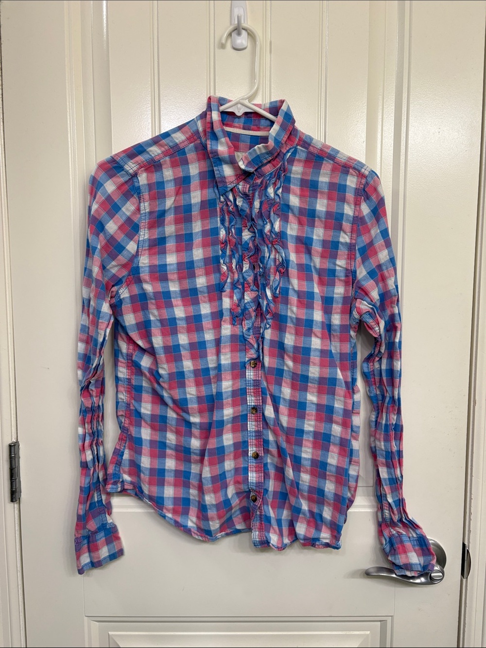 Abercrombie & Fitch Pink and Blue Plaid Ruffle Button-Down Shirt